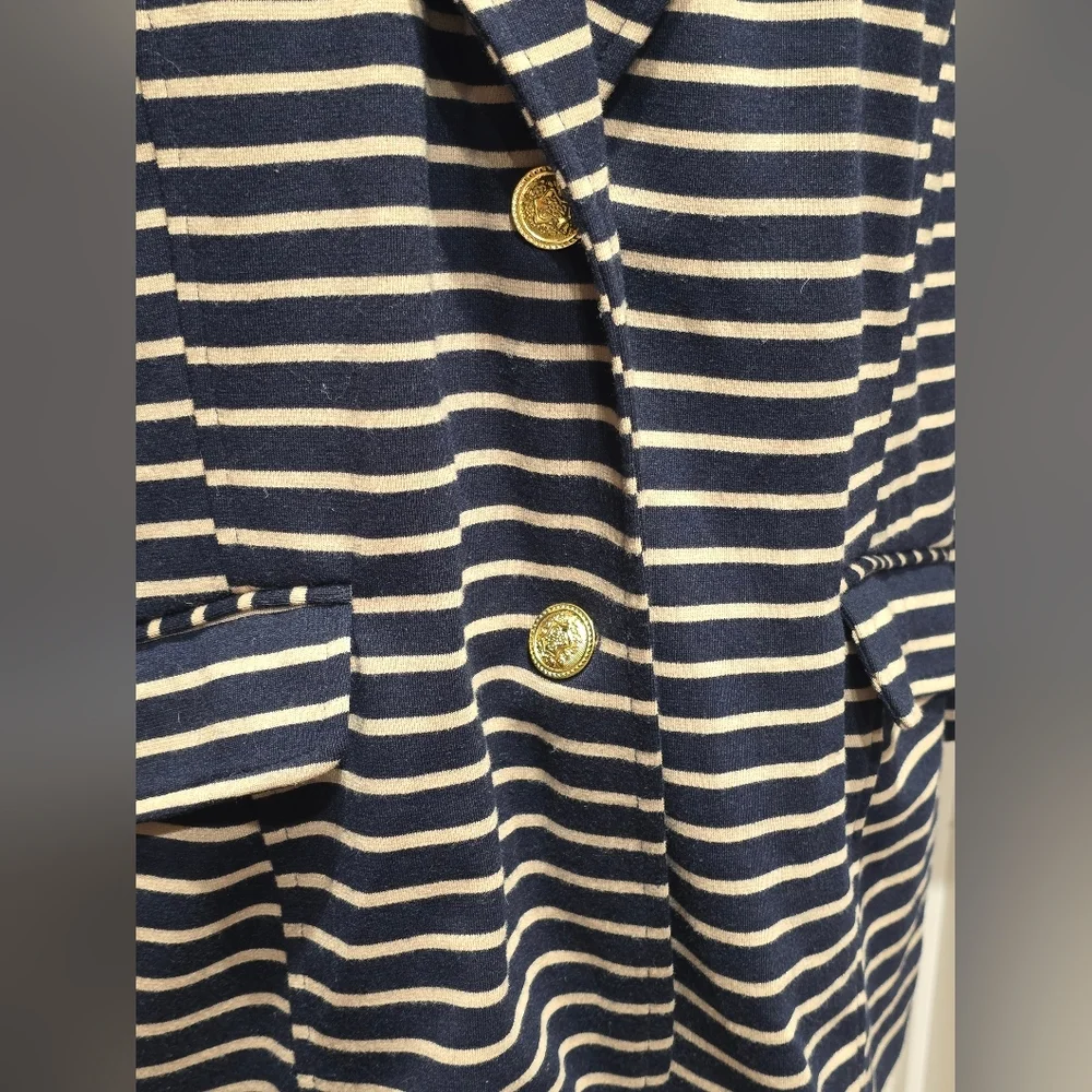 Joan Rivers Tan & Navy Blue Striped Ponte Knit Blazer Jacket - Picture 2 of 10